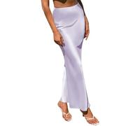 Women Satin Silk Skirt A Line Elastic High Waist Ruffle Long Maxi Skirt Solid Color Mermaid Skirt Formal Evening Party Skirts Light Purple L