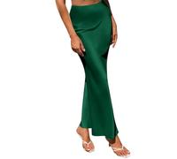 Women Satin Silk Skirt A Line Elastic High Waist Ruffle Long Maxi Skirt Solid Color Mermaid Skirt Formal Evening Party Skirts Green M