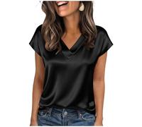 Women Satin Silk Tops Solid Color V-Neck Short Sleeve Satin Silk T Shirts Summer Casual Elegant Oversized Blouses Leisure Plus Size Tees Holiday Festival Clothes Ladies Shirt S-XXL Black