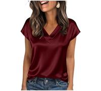 Women Satin Silk Tops Solid Color V-Neck Short Sleeve Satin Silk T Shirts Summer Casual Elegant Oversized Blouses Leisure Plus Size Tees Holiday Festival Clothes Ladies Shirt S-XXL Wine