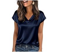 Women Satin Silk Tops Solid Color V-Neck Short Sleeve Satin Silk T Shirts Summer Casual Elegant Oversized Blouses Leisure Plus Size Tees Holiday Festival Clothes Ladies Shirt S-XXL Navy
