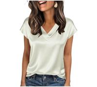 Women Satin Silk Tops Solid Color V-Neck Short Sleeve Satin Silk T Shirts Summer Casual Elegant Oversized Blouses Leisure Plus Size Tees Holiday Festival Clothes Ladies Shirt S-XXL White