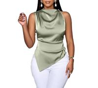 Women Satin Silk Vests Sleeveless Shirts Tunics Stylish Mock Neck Asymmetric Hem Tank Tops with Ruched Design Trendy Casual Slim-Fit Silky Shirt Elegant Ladies Longline Blouse Green