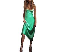 Women Satin Spaghetti Strap Sleeveless Long Maxi Dress Solid Color Silky Slip Backless Hollow Out Cocktail Dress Summer Wear (Green, XL)