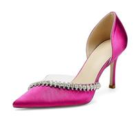 Women Satin Stiletto Heels Wedding Shoes Closed Pointed Toe Diamante Dress Pumps Bridal Party Court Shoes,Fuchsia,7 UK