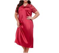 Women Satin V Neck Lace Short Sleeve Long Nightdress Plus Size Nightgown Nighties Plain Nightshirts Loose Sleep Dress Sexy Lingerie Comfy Soft Pyjamas Silk Nighties Floral Chemises Sleepwear XL-5XL