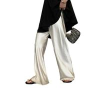 Women Satin Wide Leg Dress Pants Silk Casual Dressy Long Flowy Pants Elastic High Waisted Trousers, Beige, Large
