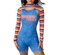 Women Scary Nightmare Killer Doll Costume Halloween Long Sleeve Striped Top and Bodysuit Chucky Outfit for Movie Character Party (D-Blue, L)