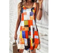 Women Scoop Neck Sleeveless Color Block Patchwork Print Loose Swing Mini Casual Tank Dress