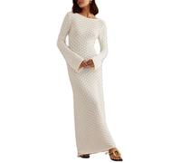 Women See Through Long Sleeve Knitted Dress Casual Plaid Backless Vacation Sheer Maxi Dress Bikini Coverup Dresses (White, S)