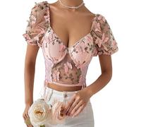 Women See Through Mesh Crop Top Summer Sexy Lace Hollow Women Backless Blouse, Y2K Street Style Puff Sleeve Embroidery Crop Top Cami Shirt (UK, Alpha, S, Regular, Regular, Pink)
