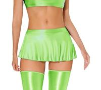 Women See Through Shiny Mini Skirt Metallic Sheer Pleated Skirt Glossy Flared Mini Skirt Silky Rave Dance Sexy Skirt for Party Club Cosplay Green L