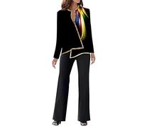 Women Sequin 2 Piece Outfits Casual Elegant Lounger Set Formal Slim Fit Long Sleeve Print Splicing Tops Loose High Waist Wide Leg Pants Two Piece Trousers Set Festival Party Night Wedding Guest Wear