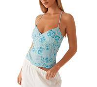 Women Sequin Beaded Cami Tops Sparkly Halter Neck Crop Tank Tops Rhinestone Embellished Cross Tie Backless Summer Vest Camisole (A-Blue, S)