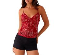 Women Sequin Beaded Cami Tops Sparkly Halter Neck Crop Tank Tops Rhinestone Embellished Cross Tie Backless Summer Vest Camisole (A-Red, M)