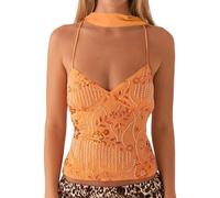 Women Sequin Beaded Cami Tops Sparkly Halter Neck Crop Tank Tops Rhinestone Embellished Cross Tie Backless Summer Vest Camisole (with Scarf-Orange, S)