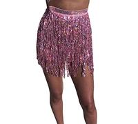 Women Sequin Belly Dancer Costume Tassel Wrap Skirt Club Mini Skirt (Pink)