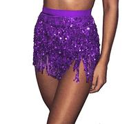 Women Sequin Belly Dancer Costume Tassel Wrap Skirt Club Mini Skirt (Purple)