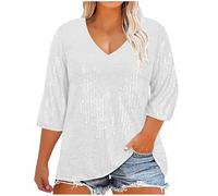 Women Sequin Blouse Plus Size Shimmer Glitter Shirts Sparkle Tunic Tops 3/4 Sleeve V Neck Tshirts Loose Fit Elegant Tee Shirt Party Club Casual Soft Comfy Top Ladies UK White