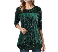Women Sequin Blouse Shimmer Glitter Shirts Sparkle Tops 3/4 Sleeve Crew Neck Tshirts Loose Fit Elegant Tee Shirt Party Club Casual Soft Comfy Tunic Top Ladies UK Plus Size 8-18 Green