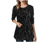 Women Sequin Blouse Shimmer Glitter Shirts Sparkle Tops 3/4 Sleeve Crew Neck Tshirts Loose Fit Elegant Tee Shirt Party Club Casual Soft Comfy Tunic Top Ladies UK Plus Size 8-18 Black