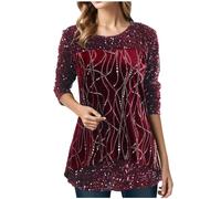 Women Sequin Blouse Shimmer Glitter Shirts Sparkle Tops 3/4 Sleeve Crew Neck Tshirts Loose Fit Elegant Tee Shirt Party Club Casual Soft Comfy Tunic Top Ladies UK Plus Size 8-18 Wine
