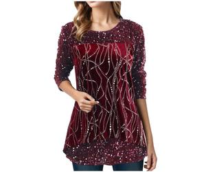 Women Sequin Blouse Shimmer Glitter Shirts Sparkle Tops 3/4 Sleeve Crew Neck Tshirts Loose Fit Elegant Tee Shirt Party Club Casual Soft Comfy Tunic Top Ladies UK Plus Size 8-18