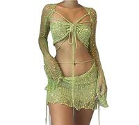 Women Sequin Crochet Skirt Sets Y2k Hollow Out Knitted Long Sleeve Crop Top Mini Skirt Sparkly See Through Clubwear/UK Size/Shipping 7 Days Green
