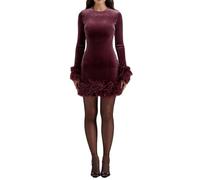 Women Sequin Dress Feather Trim One Shoulder Long Sleeve Mini Bodycon Dress Sparkly Party Cocktail Dresses Clubwear (a-Wine Red, S)