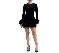 Women Sequin Dress Feather Trim One Shoulder Long Sleeve Mini Bodycon Dress Sparkly Party Cocktail Dresses Clubwear (a-Black, XL)