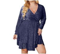 Women Sequin Dress Sexy Deep V Neck Party Dress Elegant Long Sleeve Cocktail Dress Sparkly Glitter Evening Dress Clubbing Prom Dress Ruffle Swing Mini Dress Ladies Wedding Guest Dresses Dark Blue