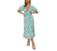 Women Sequin Embroidered Cherry Cocktail Dress Lace Up Mesh Yarn Plunge V Neck A-line Pleated Maxi Dresses (Blue, X-Large)