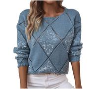 Women Sequin Jumper Sparkle Blouses Shimmer Glitter Shirts Long Sleeve Crew Neck Kintted Tshirts Loose Fit Elegant Tee Shirt Party Club Wear Ladies Casual Soft Comfy Workout Tees Going Out Top