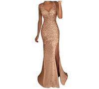 Women Sequin Maxi Dress Sequins Fashion Sleeveless Sparkly Women's Glitter Maxi Dress Bodycon Dress Party Dress Strapless Floor Length Sequins Prom Evening Dresses Side Slit Cocktail (Gold #1, S)