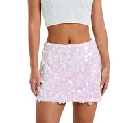 Women Sequin Mini Skirt Sparkle Stretchy Bodycon Glitter Skirts Y2k High Waist Pencil Short Party Club Skirt Streetwear (C-Pink1, XL)