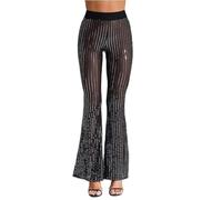 Women Sequin Pants, Sparkly Glitter High Waist Flared Trousers, Shiny Bling Wide Leg Sheer Mesh Casual Bottoms, Loose Ventilated Loung Pants Cover Ups for Rave Dance Club Party Carnival Sweatwear