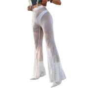 Women Sequin Pants, Sparkly Glitter High Waist Flared Trousers, Shiny Bling Wide Leg Sheer Mesh Casual Bottoms, Loose Ventilated Loung Pants Cover Ups for Rave Dance Club Party Carnival Sweatwear