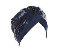 Women Sequin Shiny Turban Muslim Bonnet Head Wrap Headscarves for Chemo Hair Loss Sluochy Headwear Adjustable Sleep Hat Navy One Size