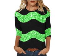Women Sequin Shirt Round Neck Shirts Solid Blouses Long Sleeve Tshirts Ladies Shimmer 3/4 Sleeve Pullover Glitter Sweatshirt Sparkly Festival Party Shining Tees Spring Clothing UK Size Green