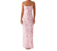 Women Sequin Sparkly Maxi Dress Y2k Flower Embroidery Beaded Sleeveless Spaghetti Strap Cross Backless Dresses (Pink, S)