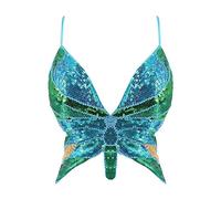 Women Sequin Tank Top - Glitter Butterfly Halter Bandage Strappy Backless Tube Sleeveless Vest Sparkly Bralette Dancewear
