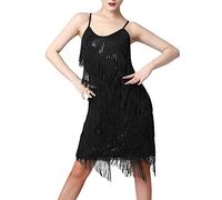 Women Sequin Tassel Flapper Dress Sleeveless Stand Collar Sparkly Fringe Latin Dresses Salsa Cha-Cha Jazz Dance Costumes, Black & Straps, M
