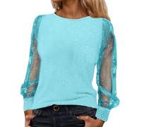 Women Sequin Tops Sparkly Long Sleeve Shirts Sparkly Glitter Blouse Elegant Mesh Sheer Top Crew Neck Blouse Sequin T-ShirtsTrendy Casual Glitter T Shirt Baggy TunicJumper (Blue-3, XXXXL)