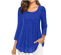 Women Sequin Tops Spring Summer Ladies Ruffled Sparkling 3/4 Sleeve Elegant Dressy Blouses Round Neck Double Layered Mesh Tunic Tops Shimmer Glitter Flowy Shirt Casual Elegant T Shirt UK Size S-XXL
