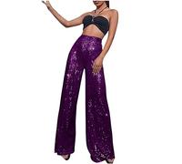 Women Sequin Trousers Casual Sparkly Sequin Pants High Waisted Wide Leg Palazzo Bell Bottom Dance Trousers Loose Pull On Comfy 70s Magic Glitter Disco Party Long Maxi Pants Clubwear Streetwear Purple