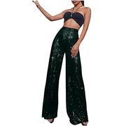 Women Sequin Trousers Casual Sparkly Sequin Pants High Waisted Wide Leg Palazzo Bell Bottom Dance Trousers Loose Pull On Comfy 70s Magic Glitter Disco Party Long Maxi Pants Clubwear Streetwear