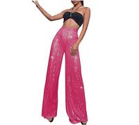 Women Sequin Trousers Casual Sparkly Sequin Pants High Waisted Wide Leg Palazzo Bell Bottom Dance Trousers Loose Pull On Comfy 70s Magic Glitter Disco Party Long Maxi Pants Clubwear Streetwear