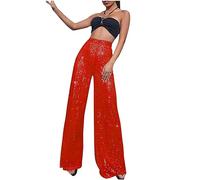 Women Sequin Trousers Casual Sparkly Sequin Pants High Waisted Wide Leg Palazzo Bell Bottom Dance Trousers Loose Pull On Comfy 70s Magic Glitter Disco Party Long Maxi Pants Clubwear Streetwear Red