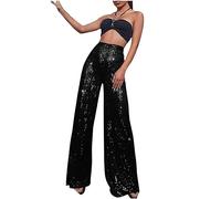 Women Sequin Trousers Casual Sparkly Sequin Pants High Waisted Wide Leg Palazzo Bell Bottom Dance Trousers Loose Pull On Comfy 70s Magic Glitter Disco Party Long Maxi Pants Clubwear Streetwear Black