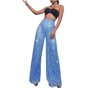 Women Sequin Trousers Casual Sparkly Sequin Pants High Waisted Wide Leg Palazzo Bell Bottom Dance Trousers Loose Pull On Comfy 70s Magic Glitter Disco Party Long Maxi Pants Clubwear Streetwear